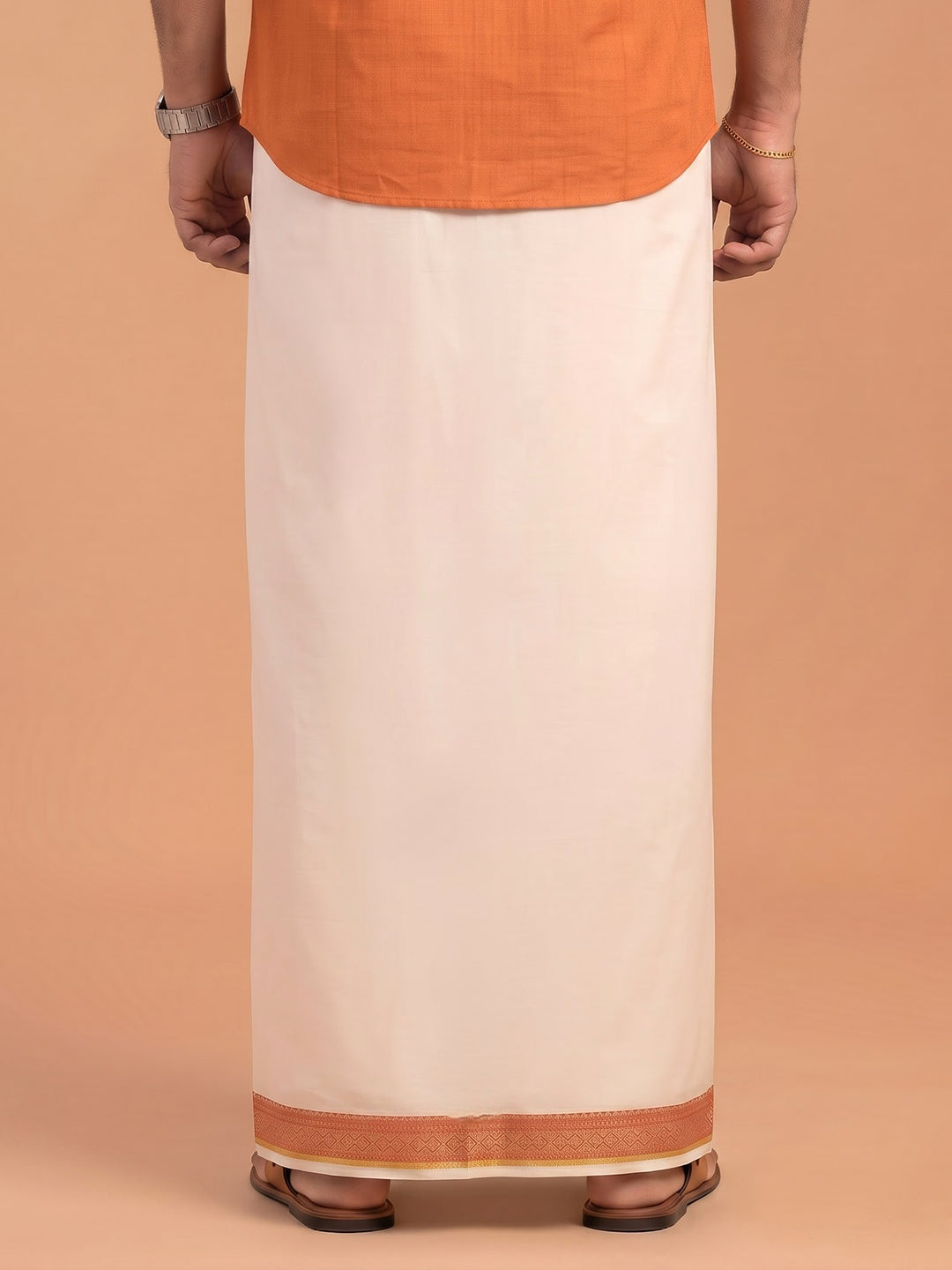 Double Layer 100% Cotton Cream Kora Dhoti with Colour Jari Border - CF04