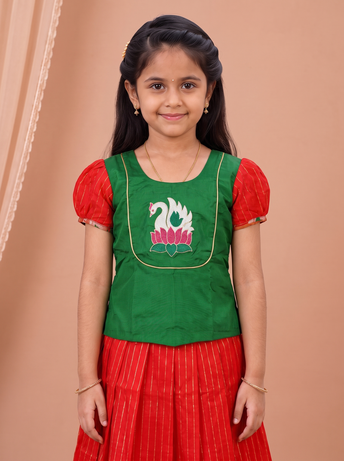Girls Art Silk Green with Red Pattu Pavadai Set GPS71