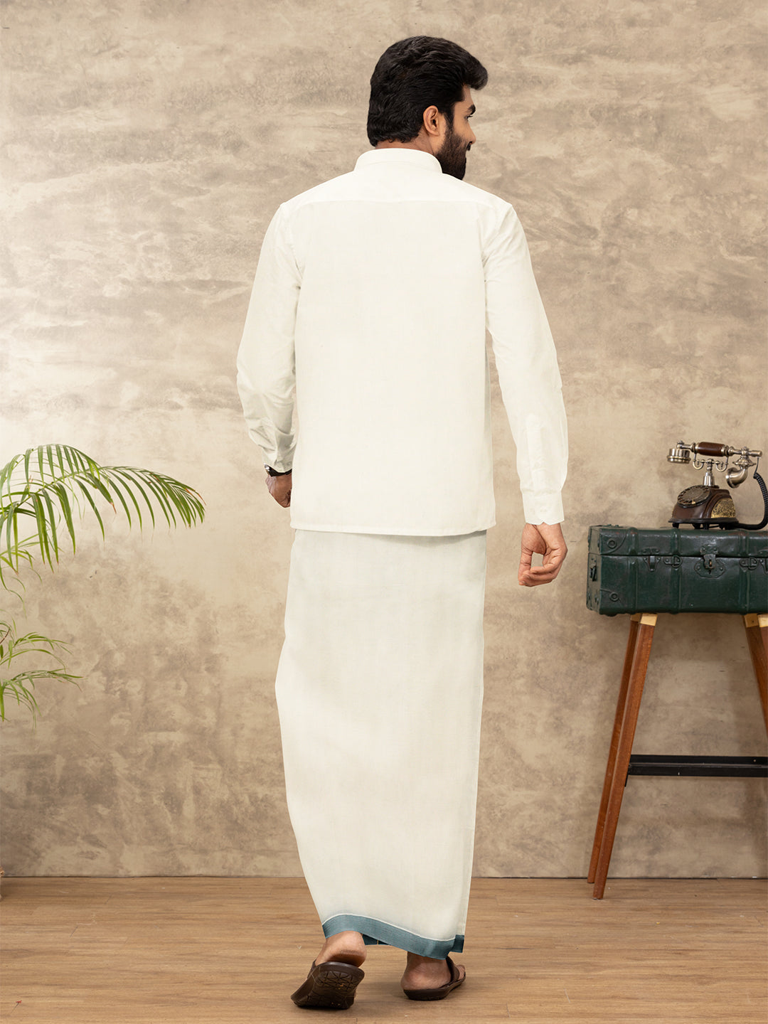 Men Kora Cotton Double Layer Dhoti with Green Fancy Jari Border EGJ19