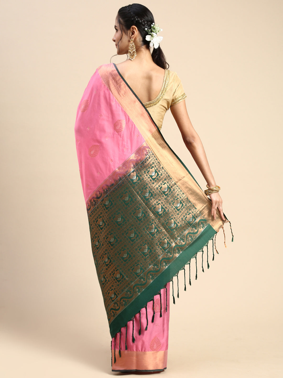 Matching Dhoti Shirt & Semi Silk Saree Couple Combo Pink-Saree back view