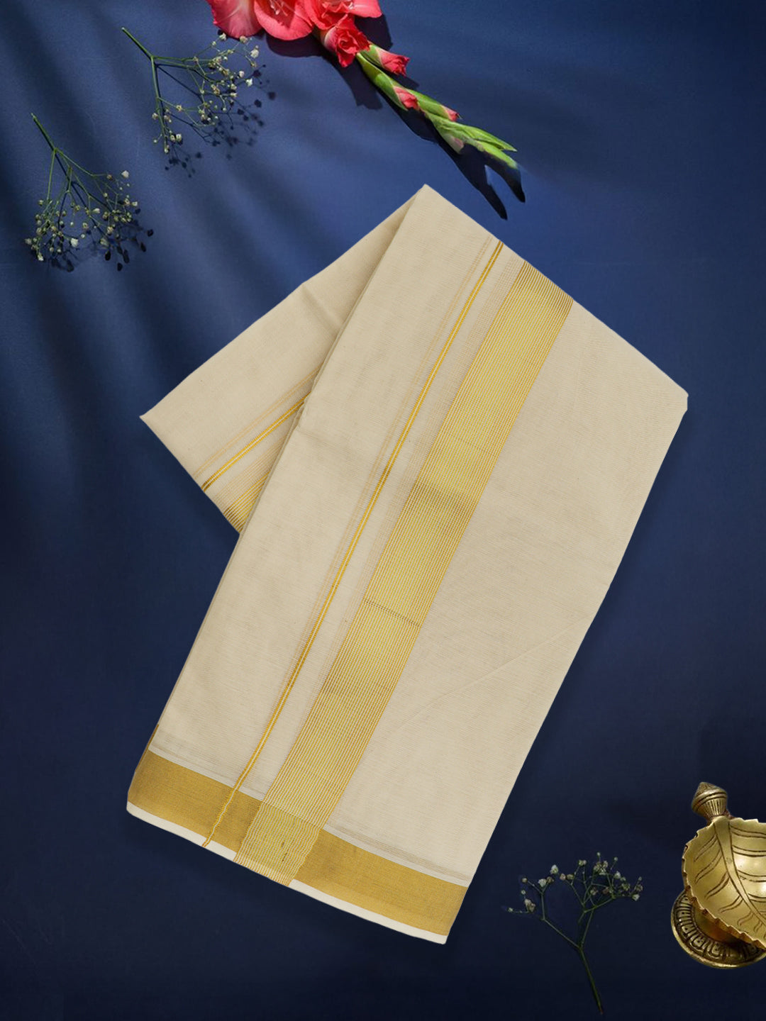 Men Premium Cotton Double Layer Cream Dhoti with Fancy Jari Border LC26