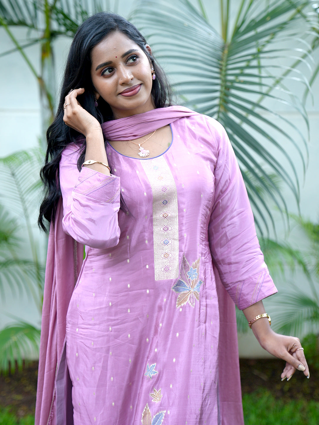 Women MM Silk Embroidered Lavender Kurti Set EKS119