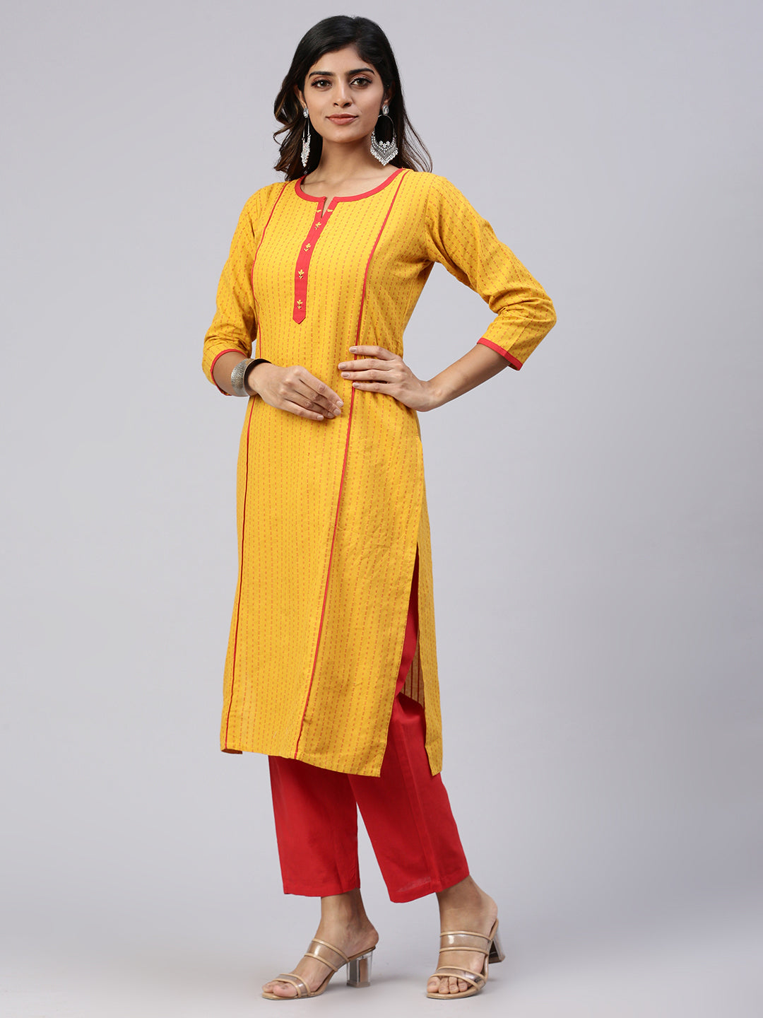 Women Cotton Embroidered Kurti Sets Yellow EKS34