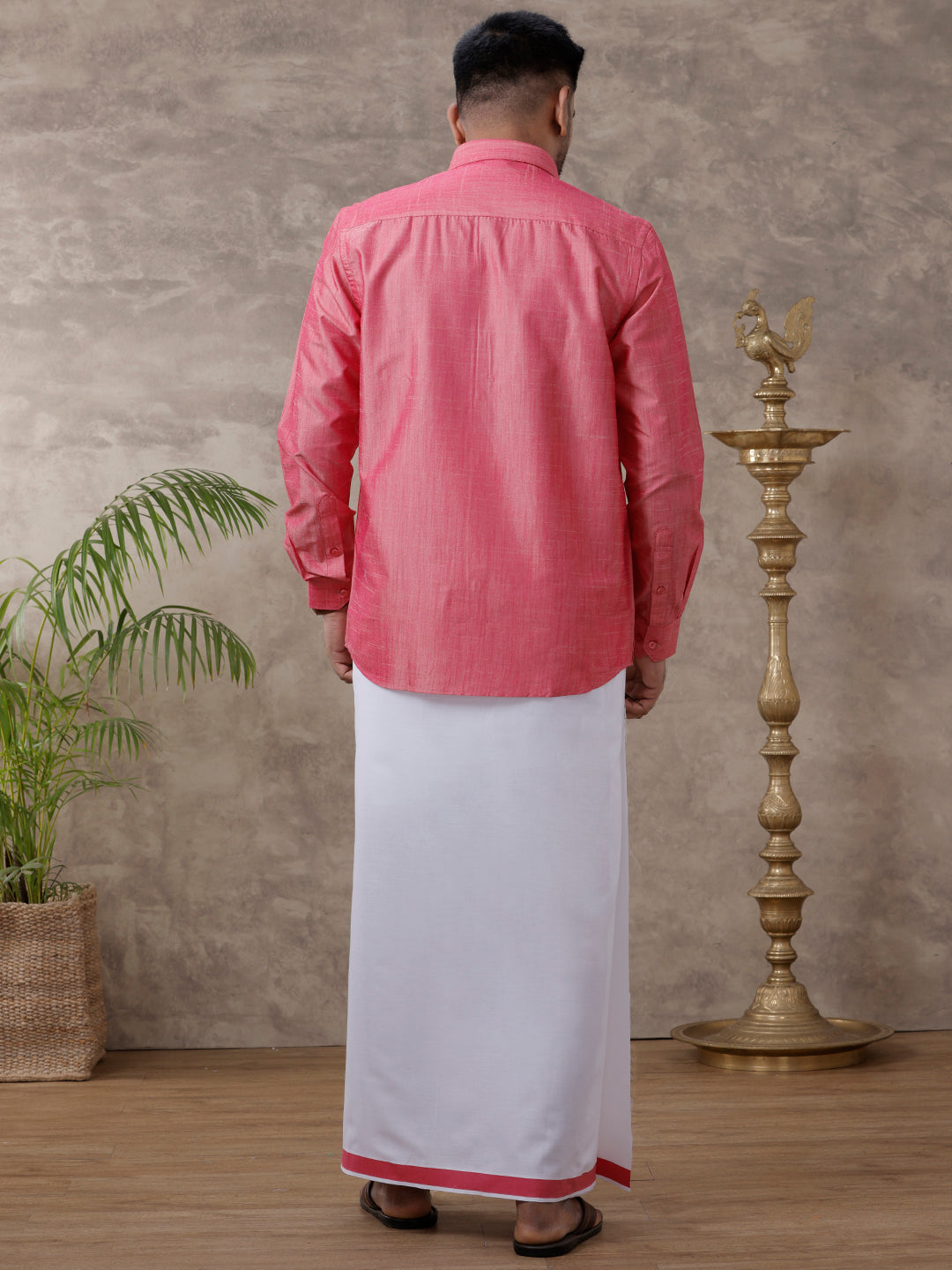 Men Matching Jari Border Dhoti & Full Sleeves Shirt Set Pink VB3