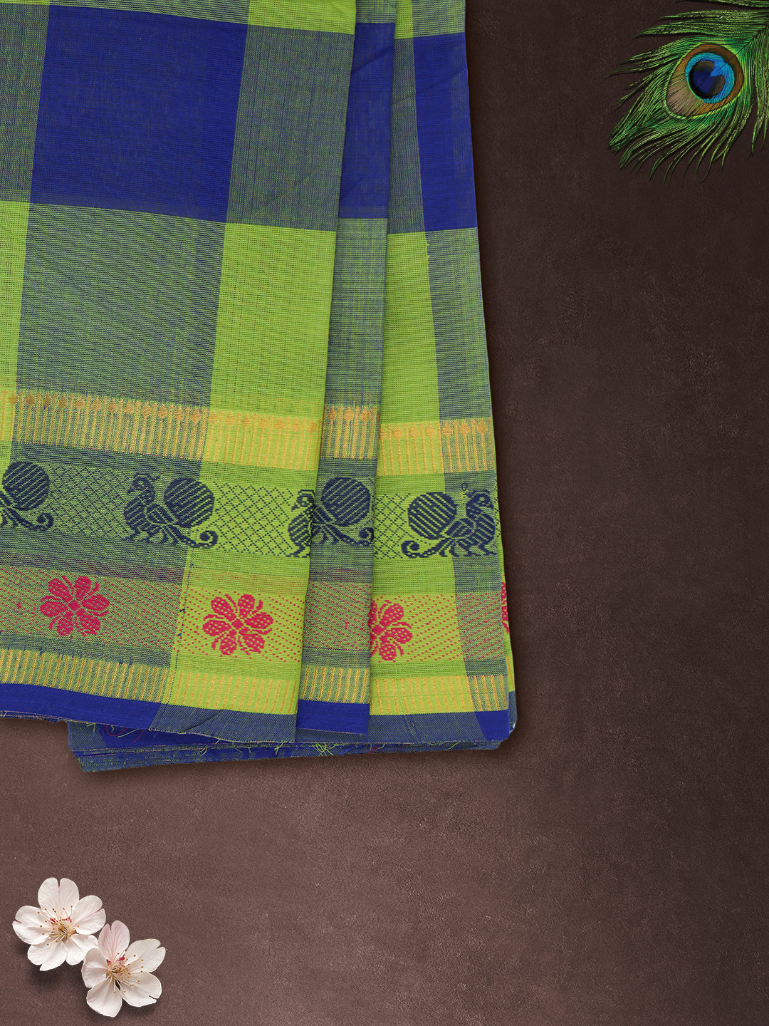 Women Green with Blue Checks Pure Chettinad Cotton Saree PCS233