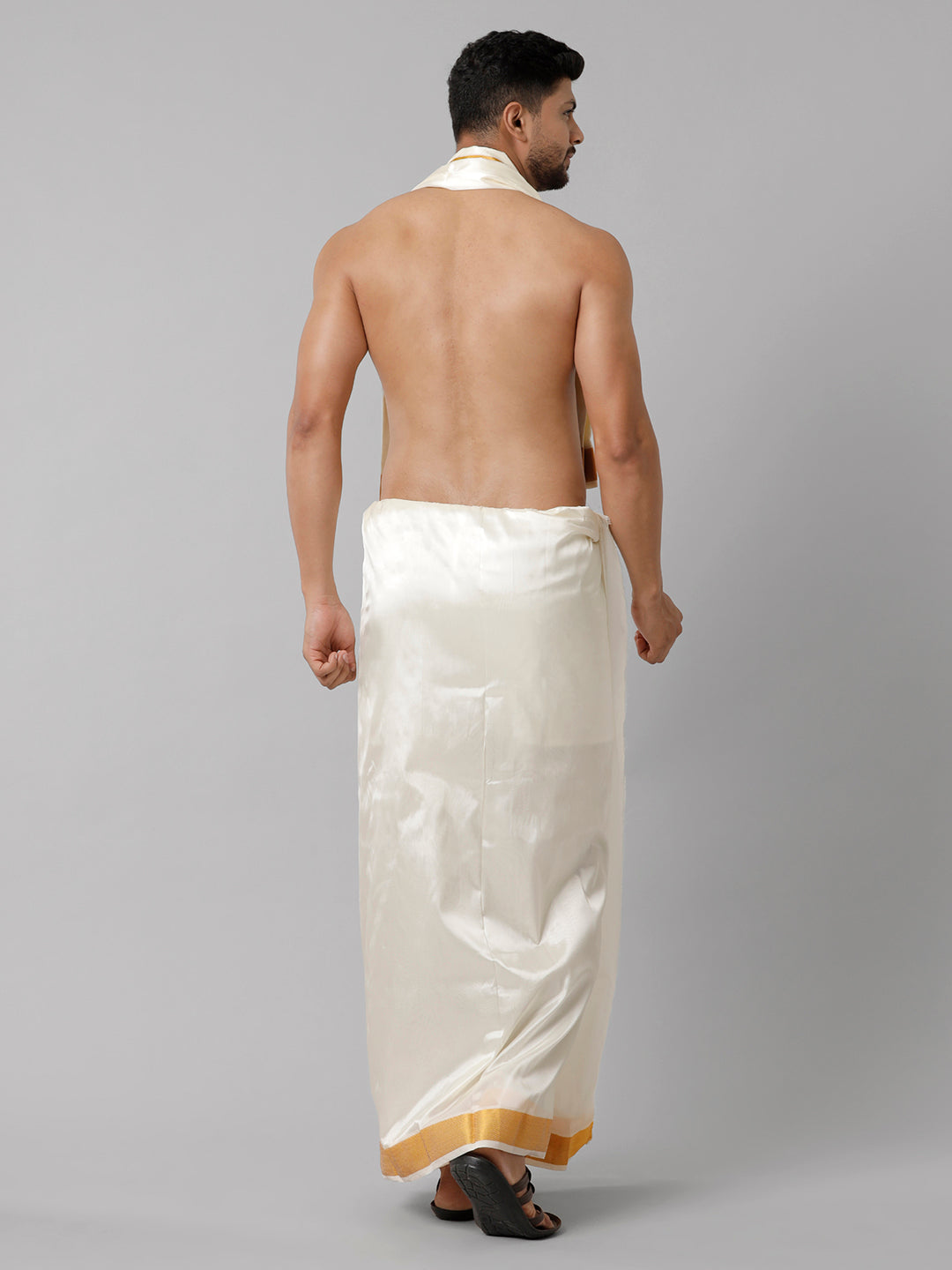 Mens Art Silk Double Dhoti Cream with Gold Jari Border 3/4 & Towel Set Kara Yoga-Back view