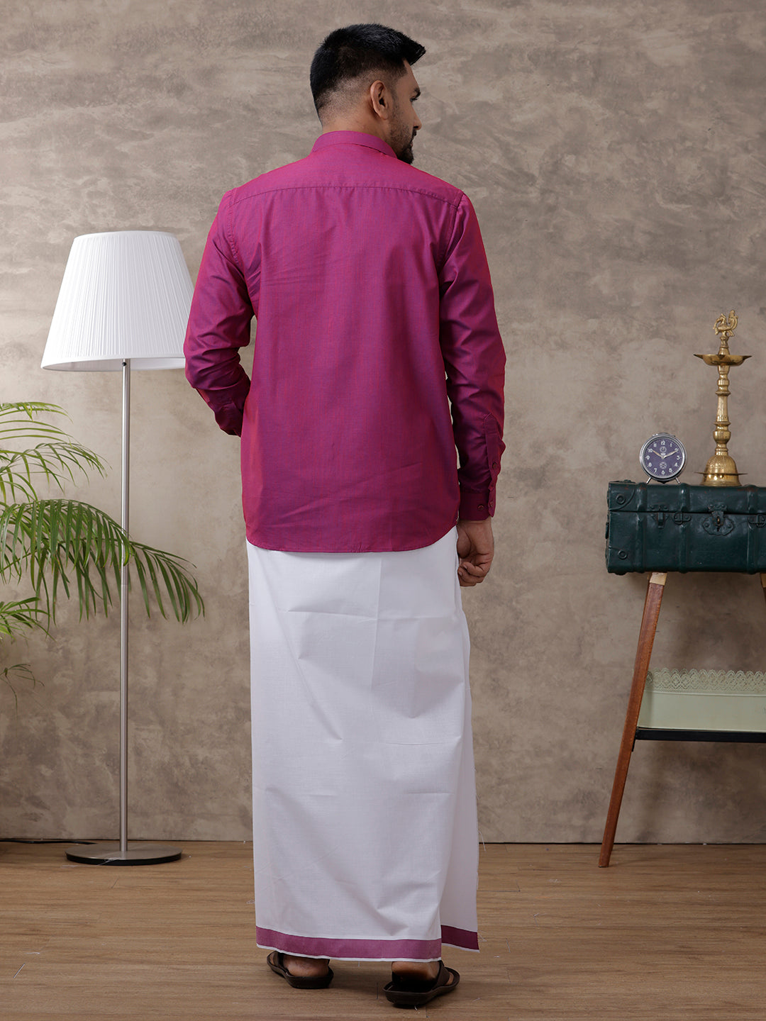 Men Magenta Matching Border Dhoti & Full Sleeves Shirt Set Evolution IC3