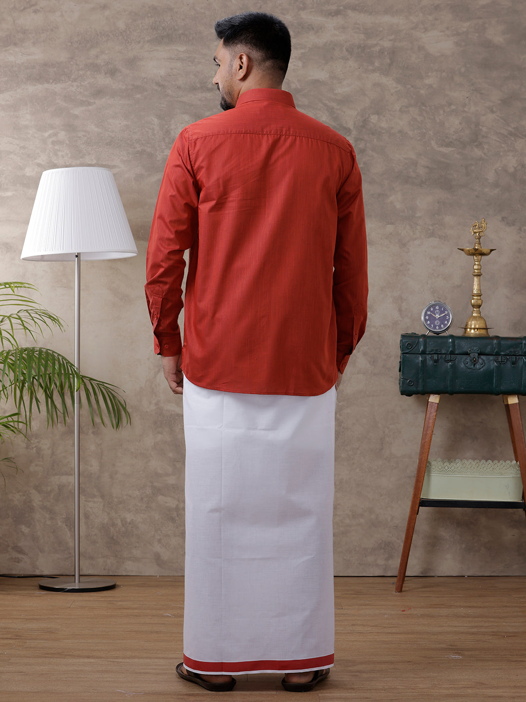 Men Red Matching Border Dhoti & Full Sleeves Shirt Set Evolution IC5