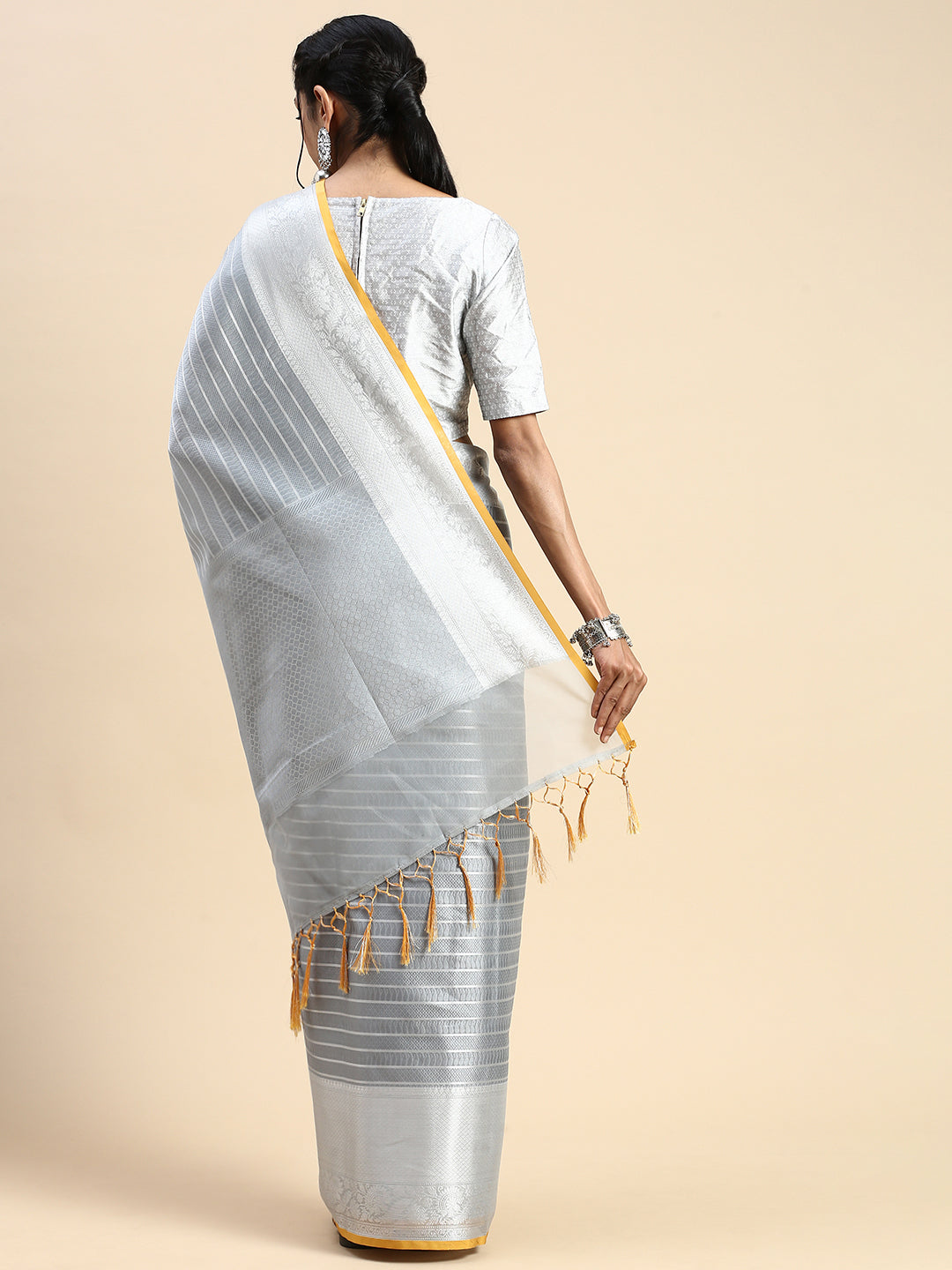 Semi Kora Cotton Allover Design Saree Grey with Zari Border SKC01-Back view