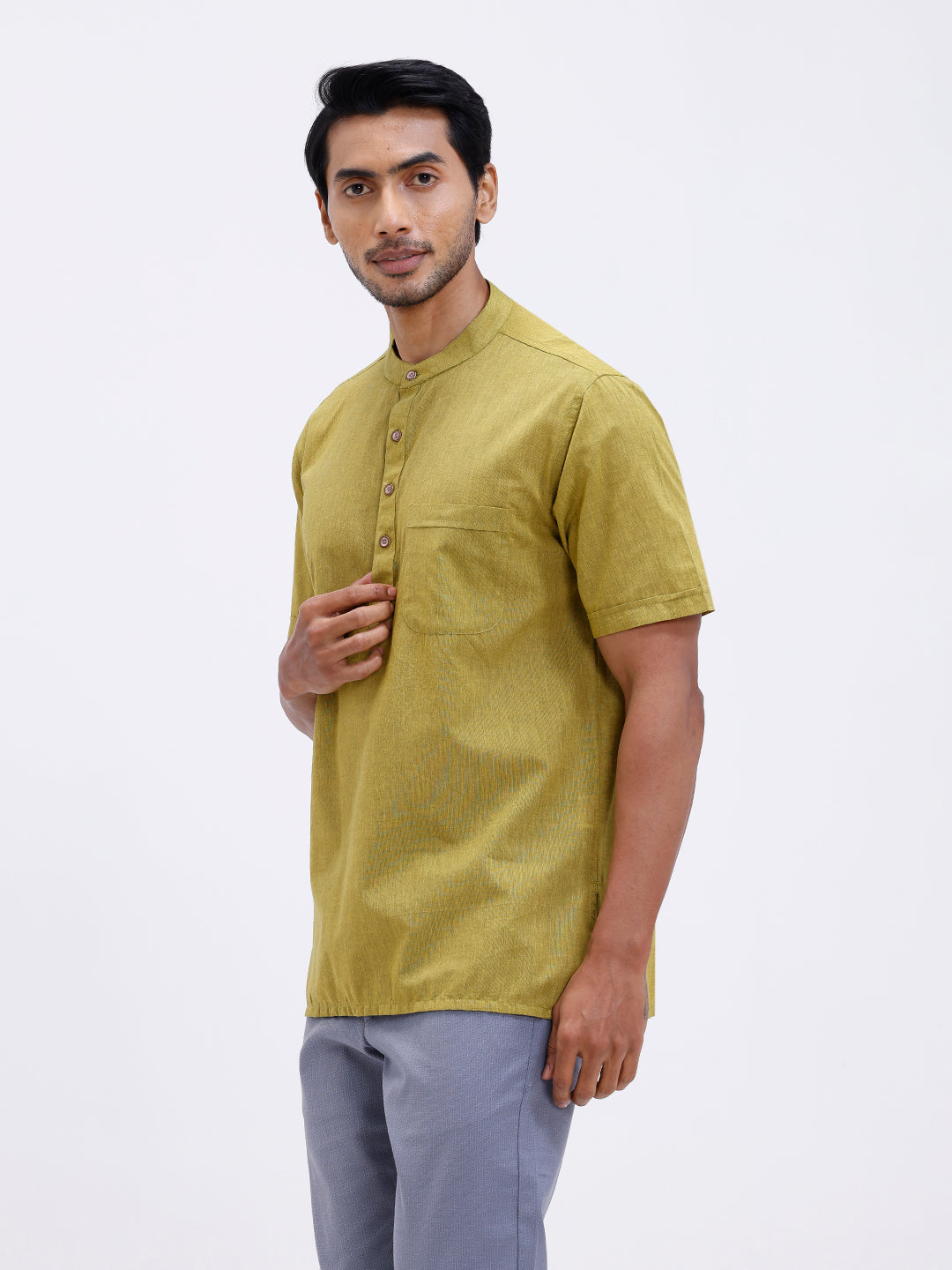 Men Cotton Short Length Plain Pocket Kurta Pale Green PC26