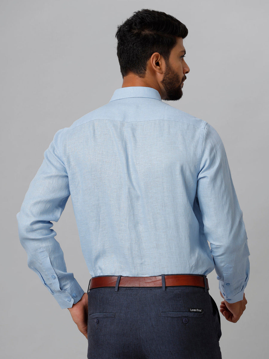 Mens Pure Linen Blue Smart Fit Full Sleeves Shirt-Back view