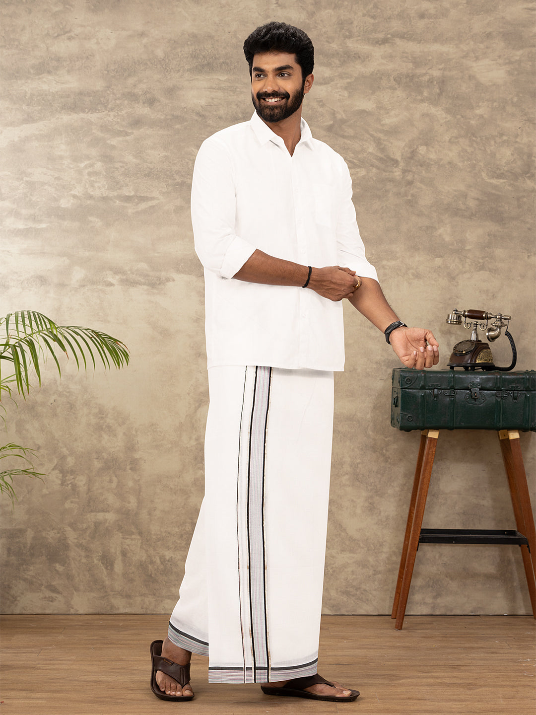 Men 100% Cotton Double Layer White Dhoti with Fancy Jari Border MJF03