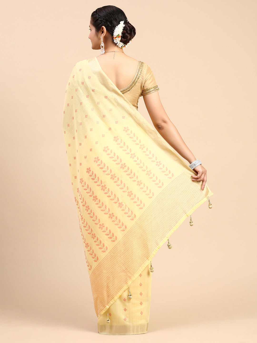 Women Semi Linen Weaving Saree Yellow SL155