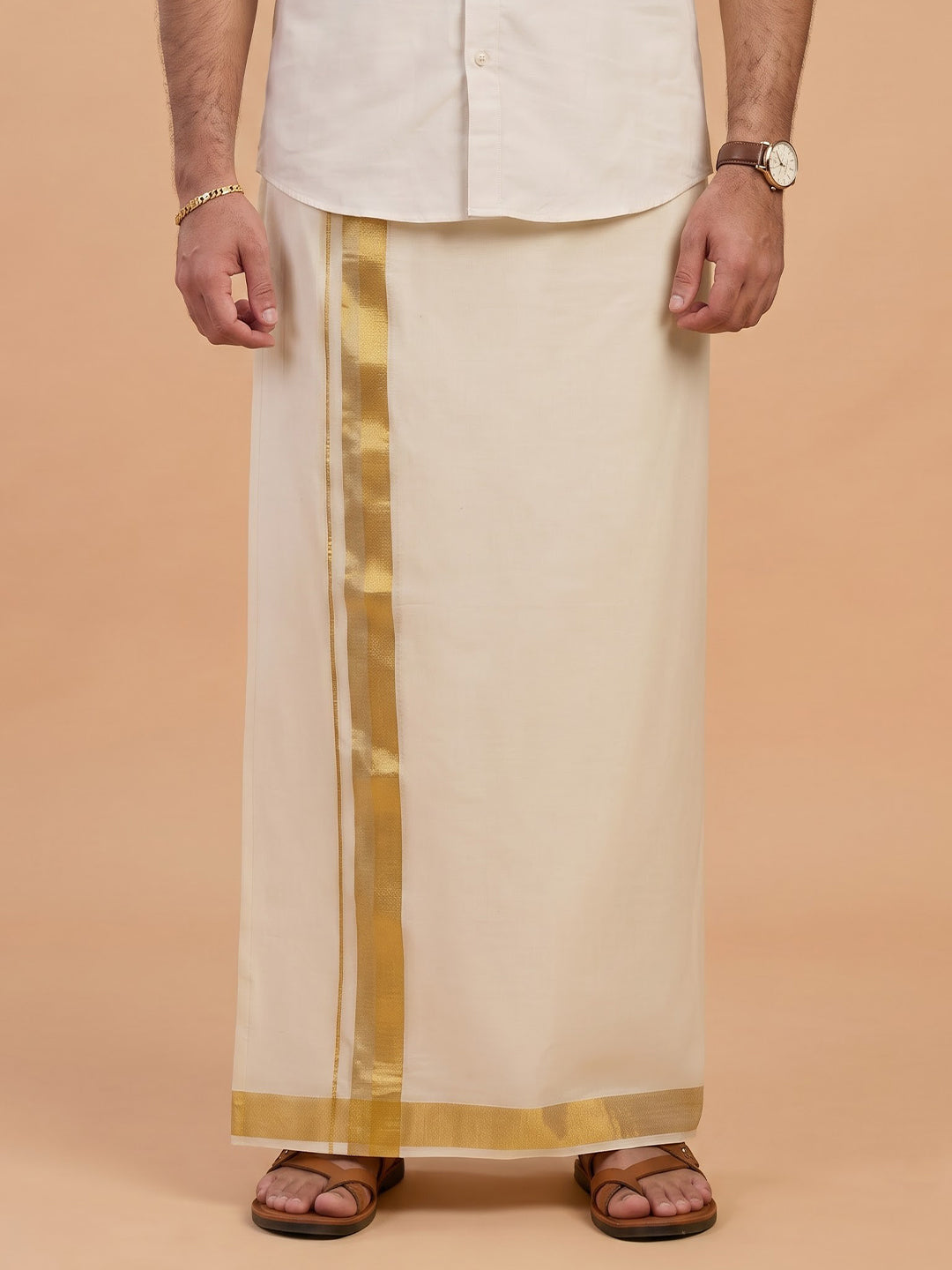 Double Layer 100% Cotton Cream Kora Dhoti with Fancy Jari Border - GJF03