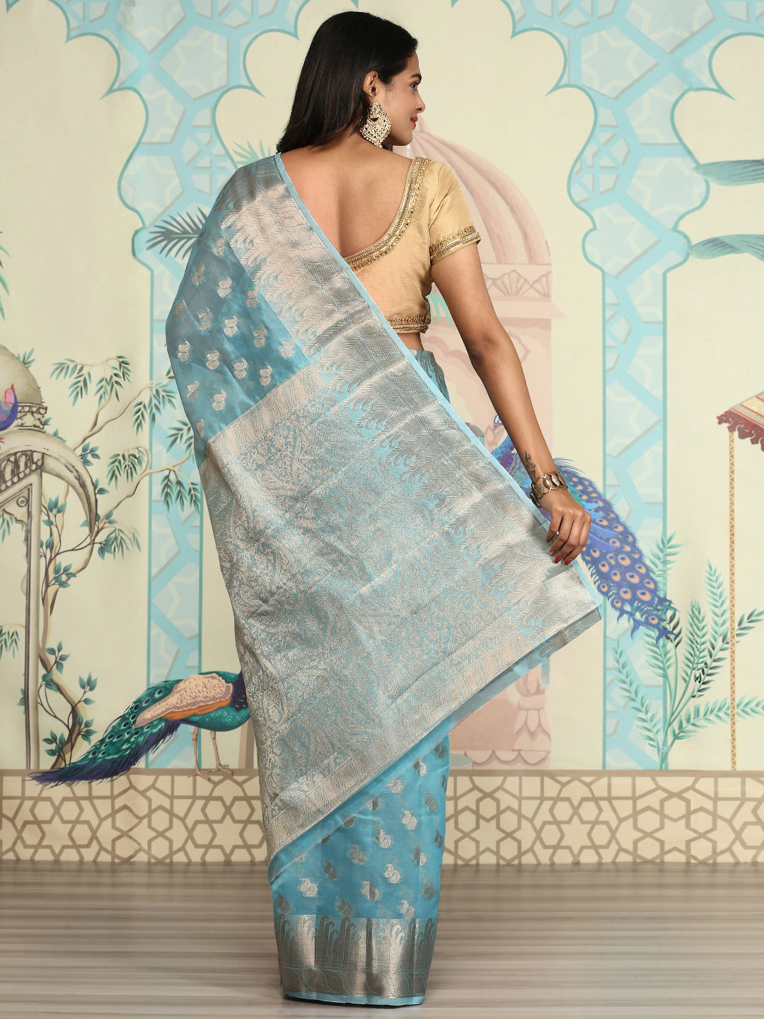 Women Semi Orgenza Weaving Saree Blue SOS13