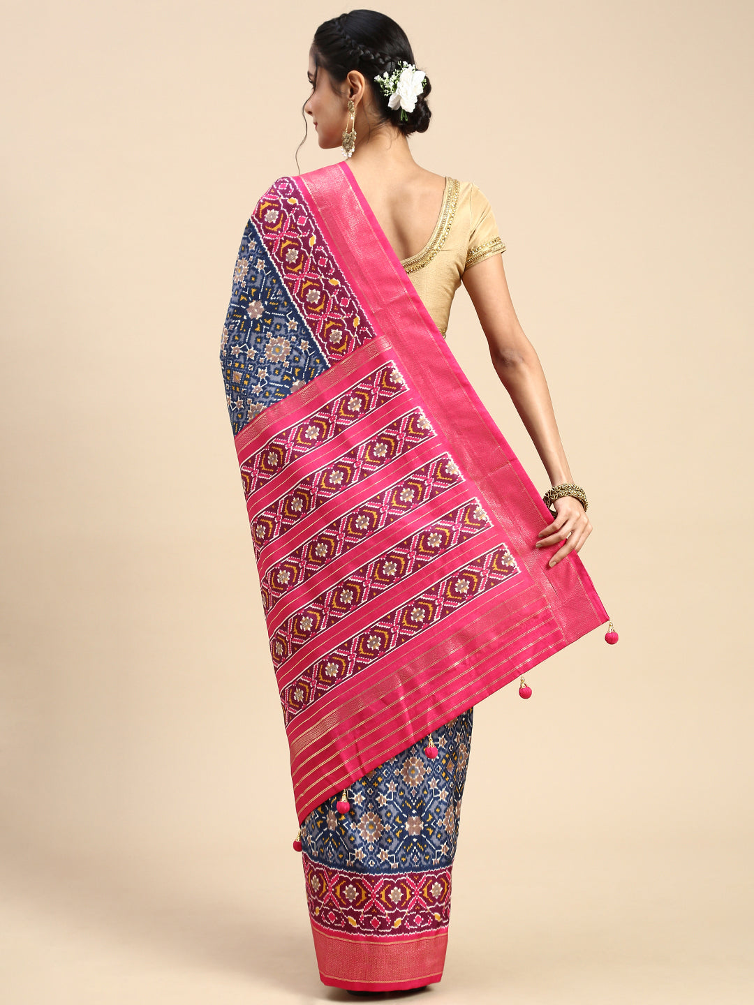 Women Art Silk Printed Navy With Pink Border Saree ASP13-Back view