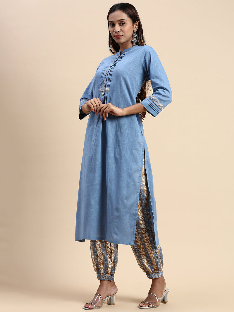 Women Cotton Blue & Brown Collar Neck Straight Cut Printed Kurti Set PKS10