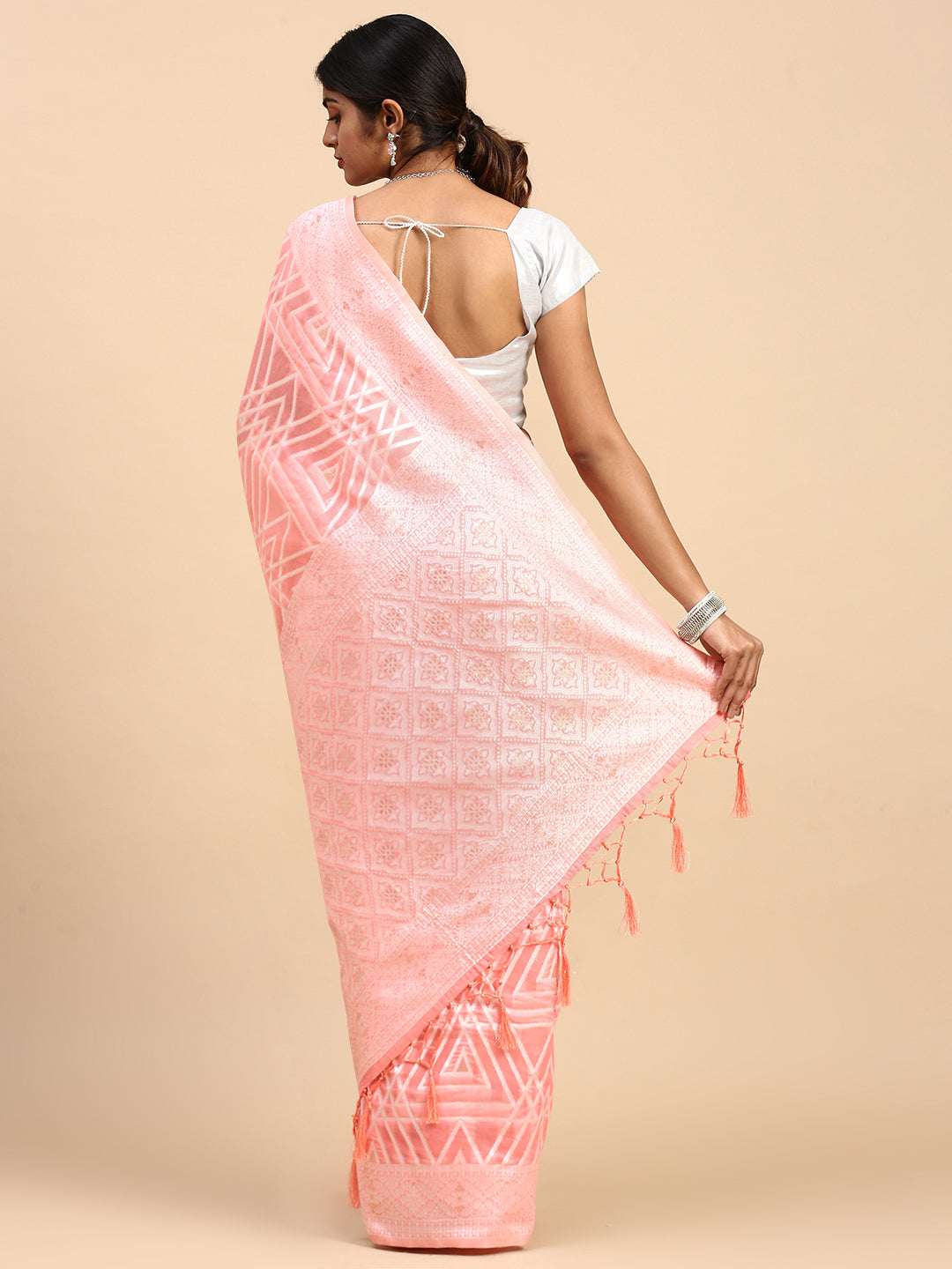 Women Semi Cotton Printed Saree Pink SCS109