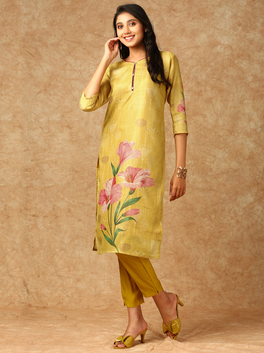 Women Tissue Printed Kurti Set Yellow EKS36