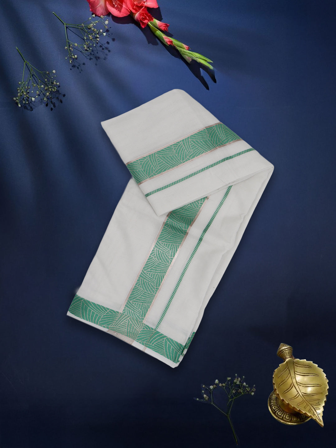 Men Premium Cotton Double Layer White Dhoti with Green Fancy Jari Border Luxury Club LC16