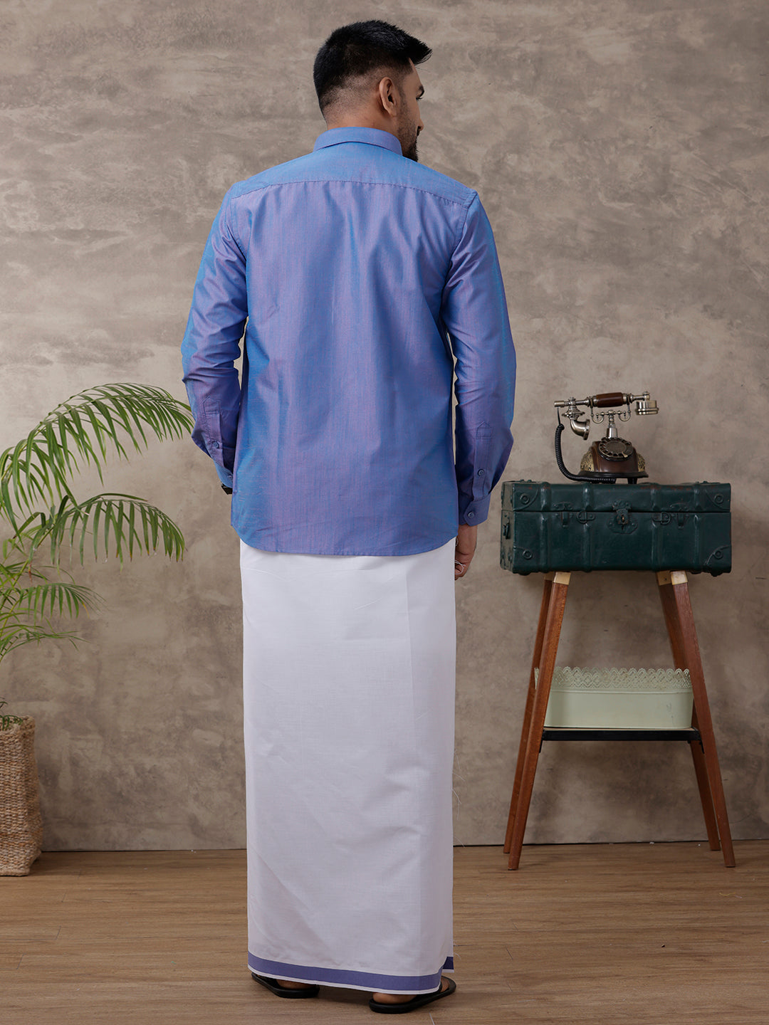 Mens Matching Jari Border Dhoti & Shirt Set Full Blue VB5