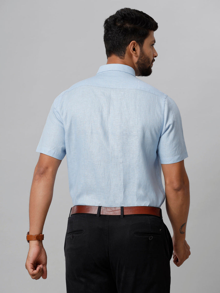 Mens Pure Linen Blue Smart Fit Half Sleeves Shirt-Back view