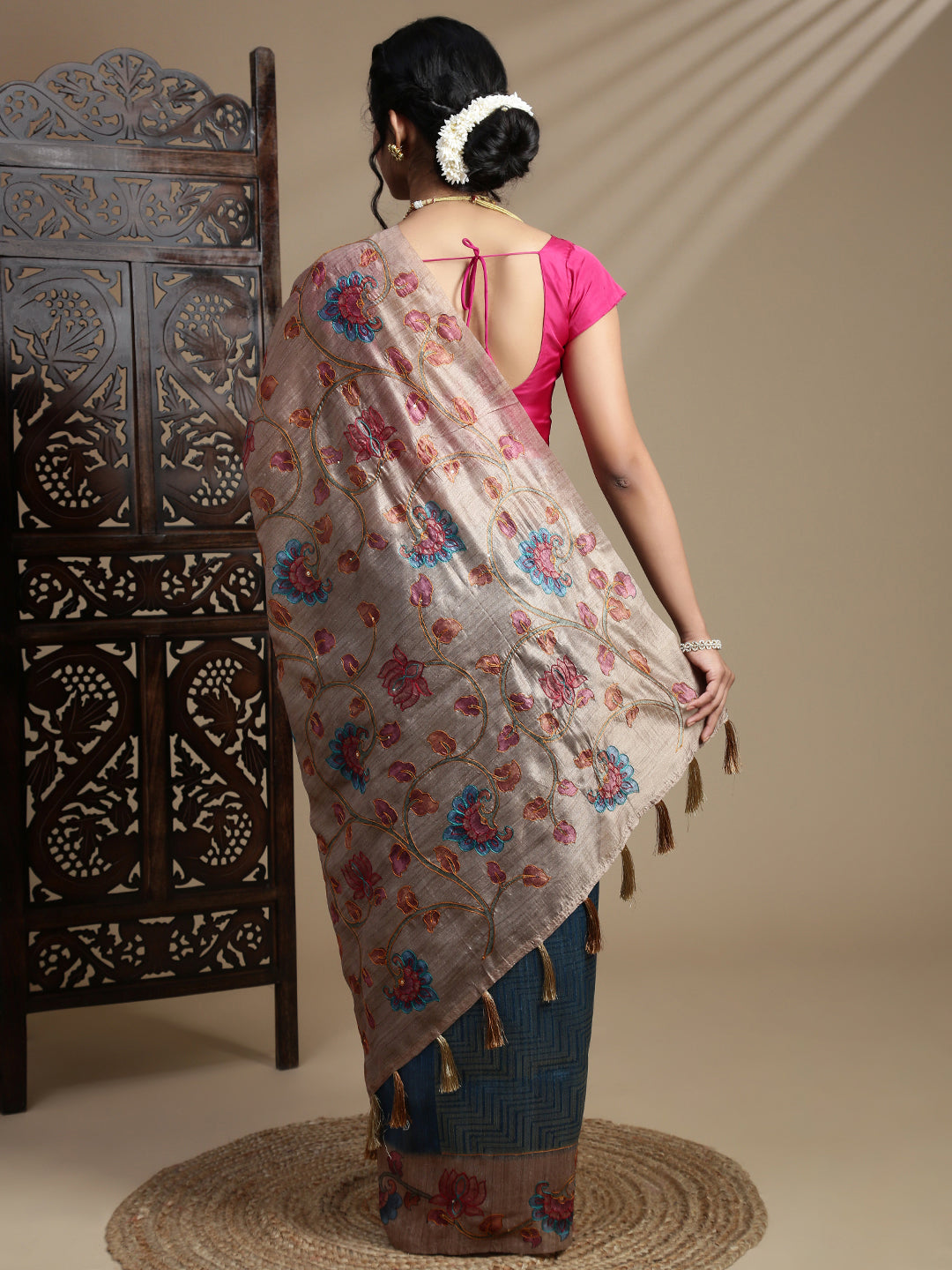 Women Blue with Brown Semi Raw Silk Embroidered Saree SRS110