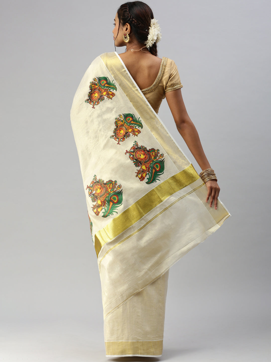 Womens Kerala Tissue Krishna with Flute Printed Gold Jari Border Saree OKS37-Back view