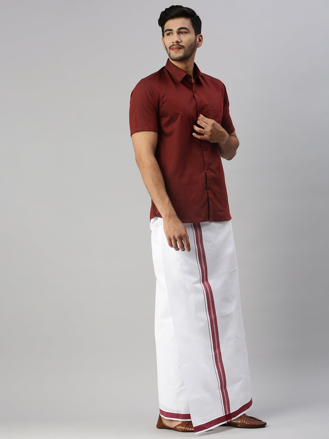 Mens Brown Matching Border Dhoti & Half Sleeves Shirt Set Evolution IC7-Side view