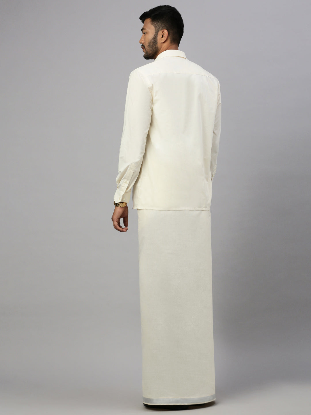 Men Kora Cotton Double Layer Dhoti with 1 1/2" Jari Border Silver Rose
