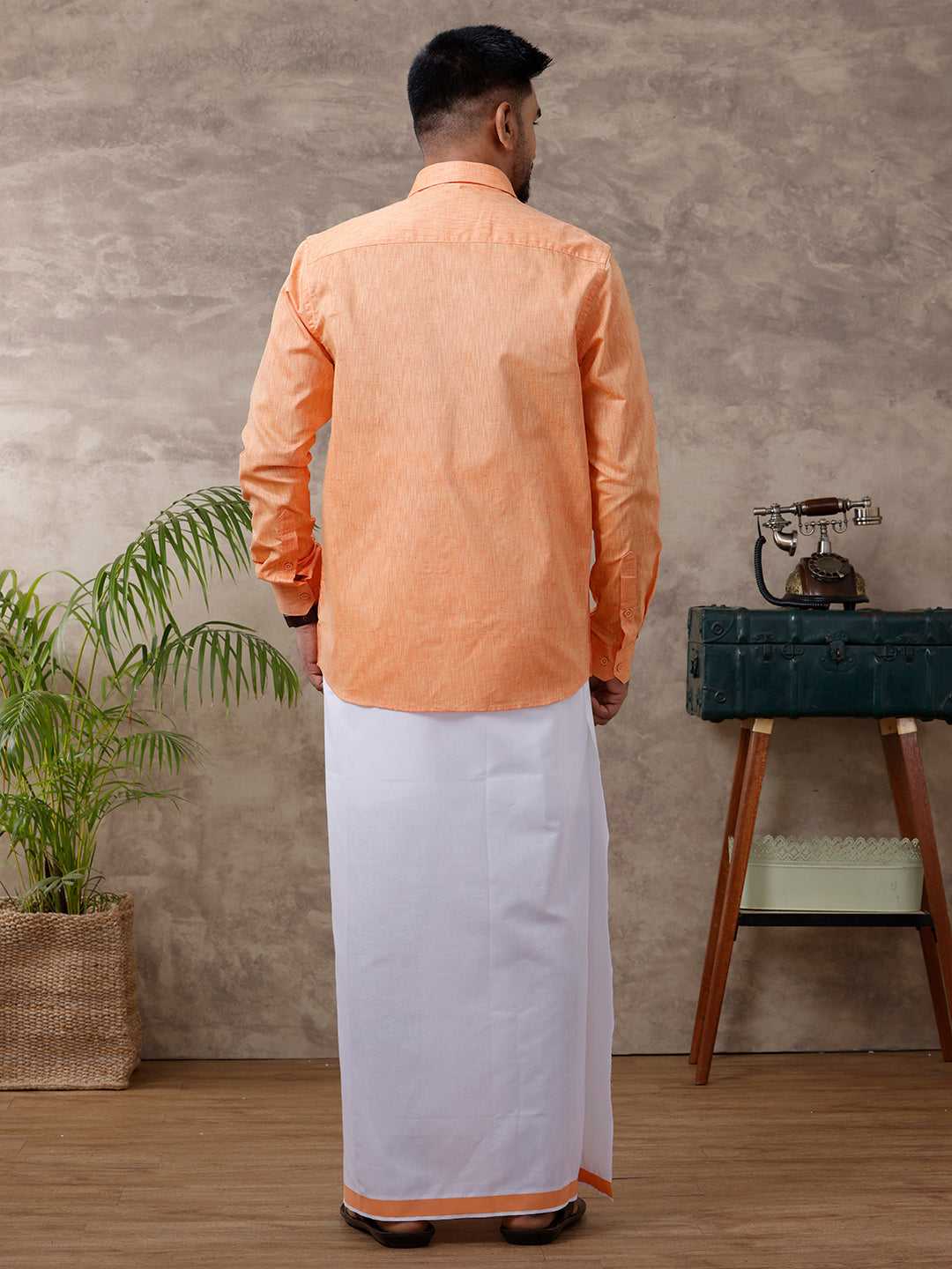 Mens Matching Border Dhoti & Shirt Set Full Orange C2