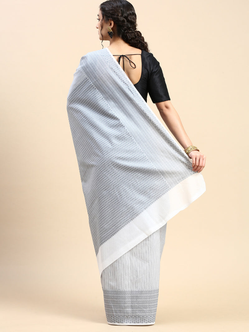 Stylish Grey Striped Design Semi Kora Cotton Saree SK87