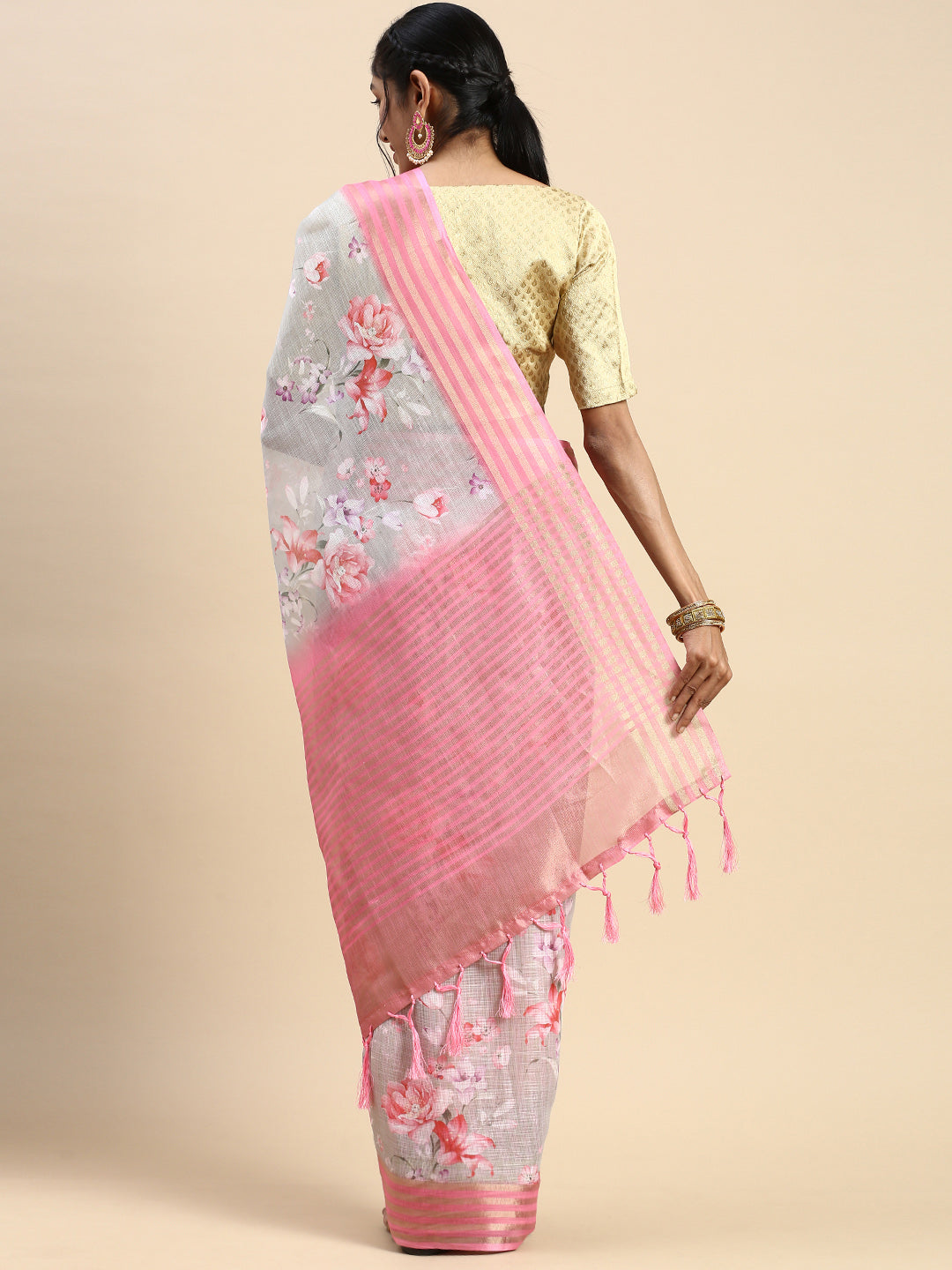 Semi Linen Flower Print Grey & Light Pink Colour Semi Linen Saree SL31-Back view