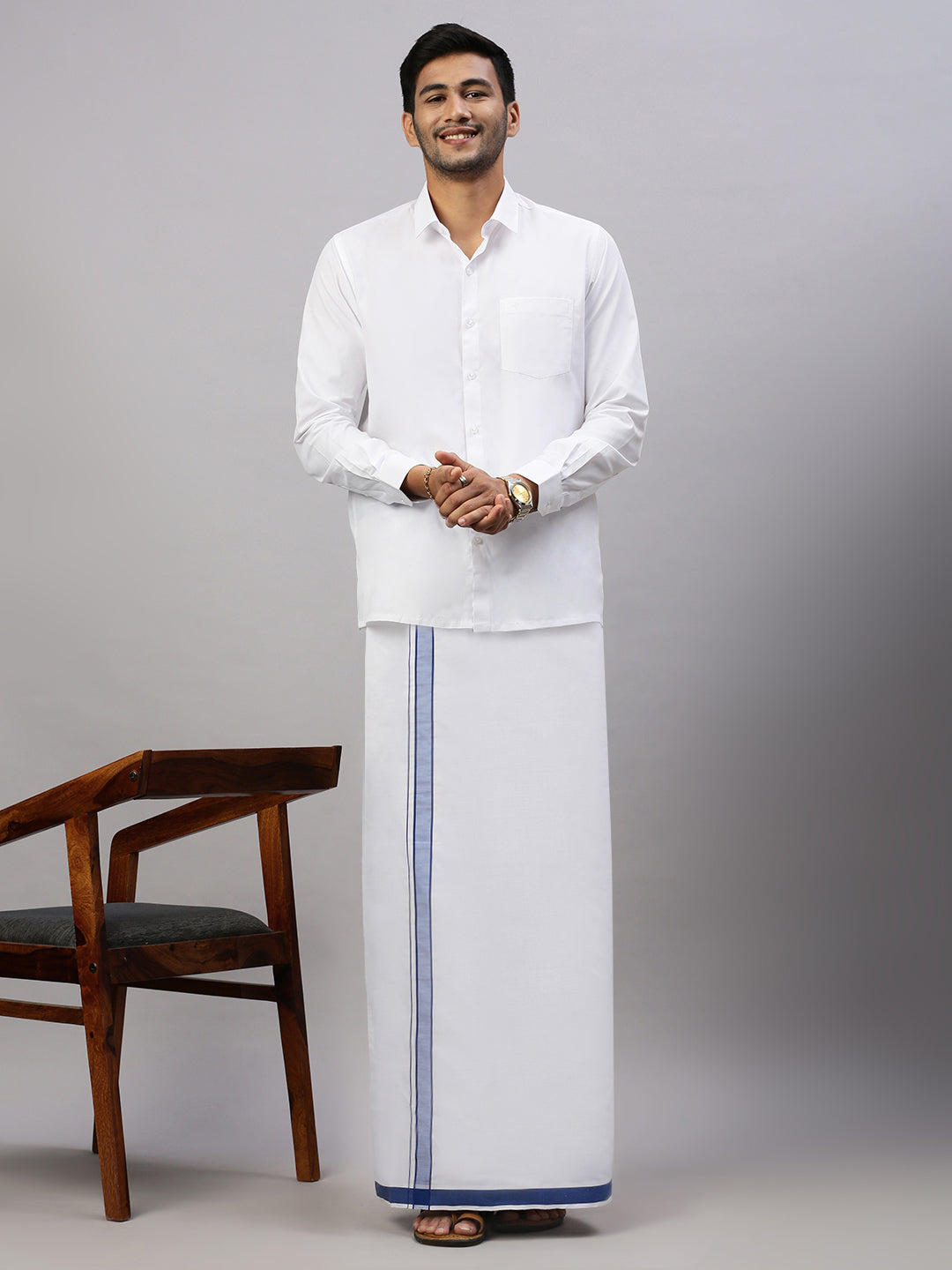 Mens White Shirt with Blue Fancy Border Dhoti Combo WP16