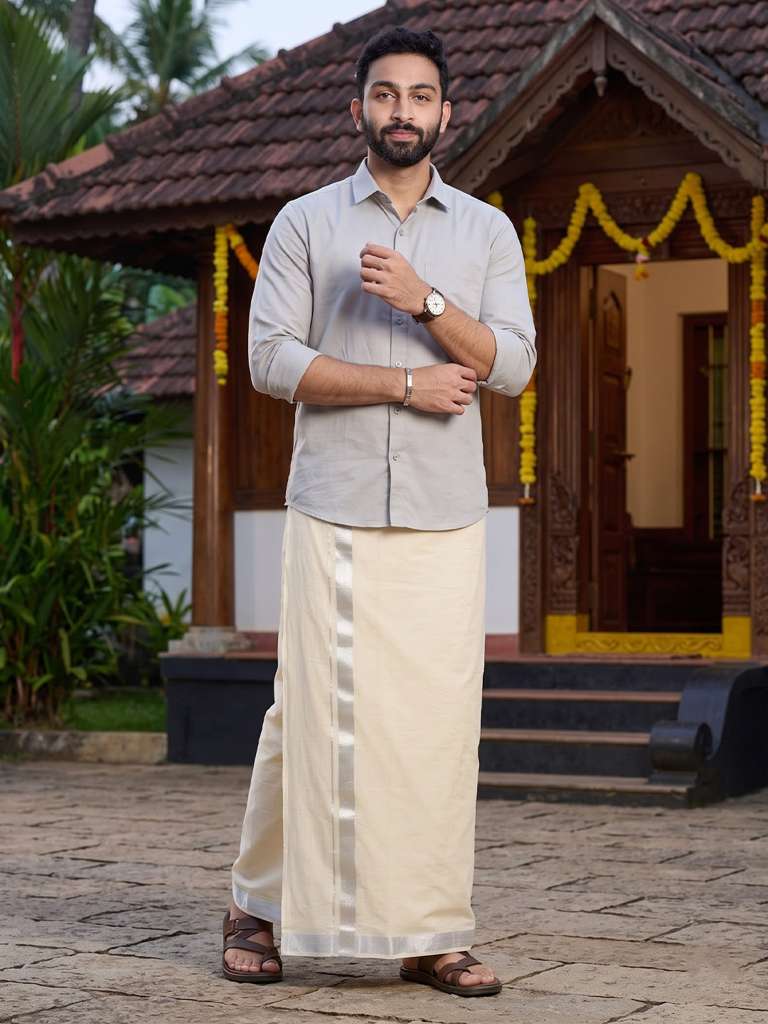 Double Layer 100% Cotton Cream Kora Dhoti with Silver Jari Border