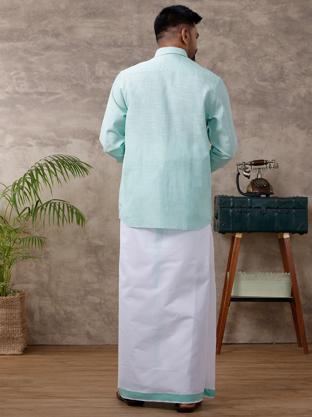 Men Matching Border Dhoti & Shirt Set Full Light Pista Green C83