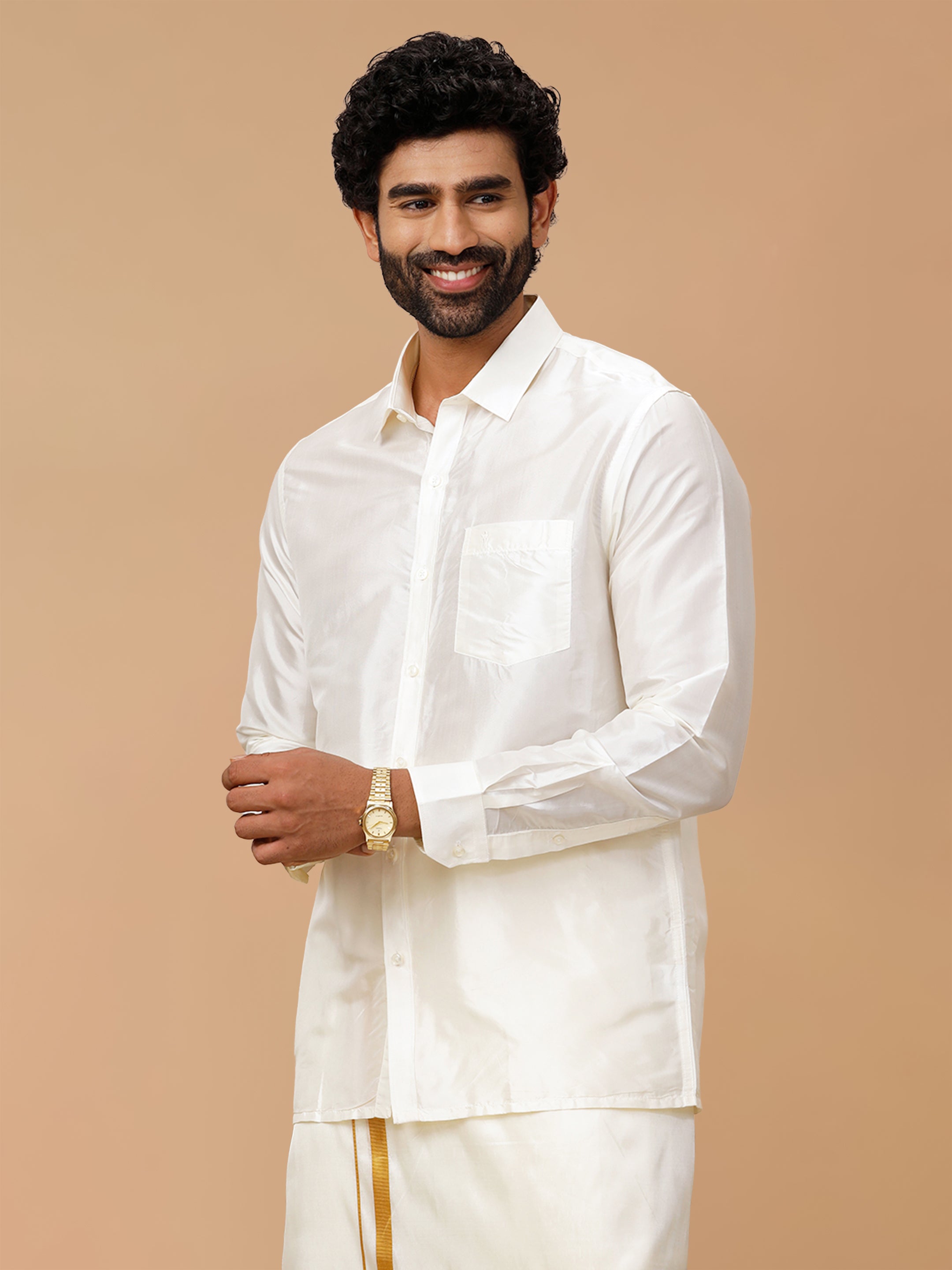 Pure Silk Cream Regular Fit Shirt