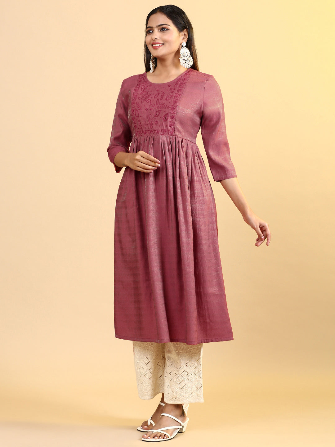 Women Cotton Embroidered Round Neck Kurti Maroon EKS14