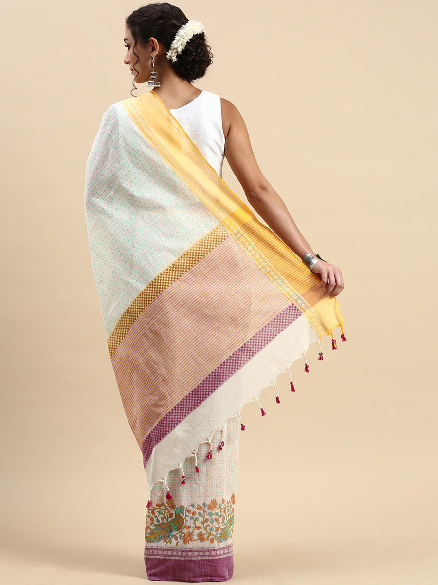 Semi Cotton Printed Saree Sandal and Purple SCS06