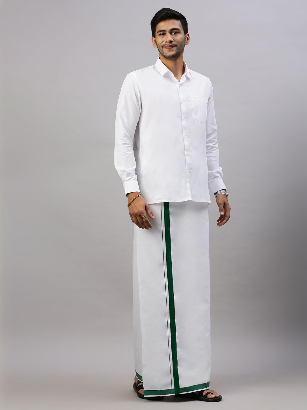 Mens  White Shirt with Single Layer Dhoti Green Combo WS04