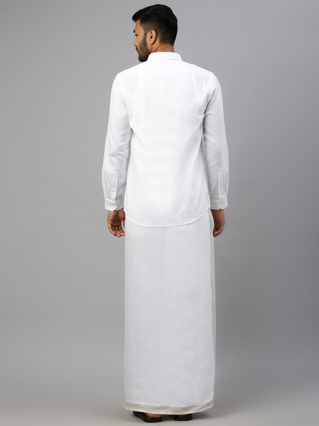 Men Pure Linen Fancy Border Double Layer Dhoti Cream