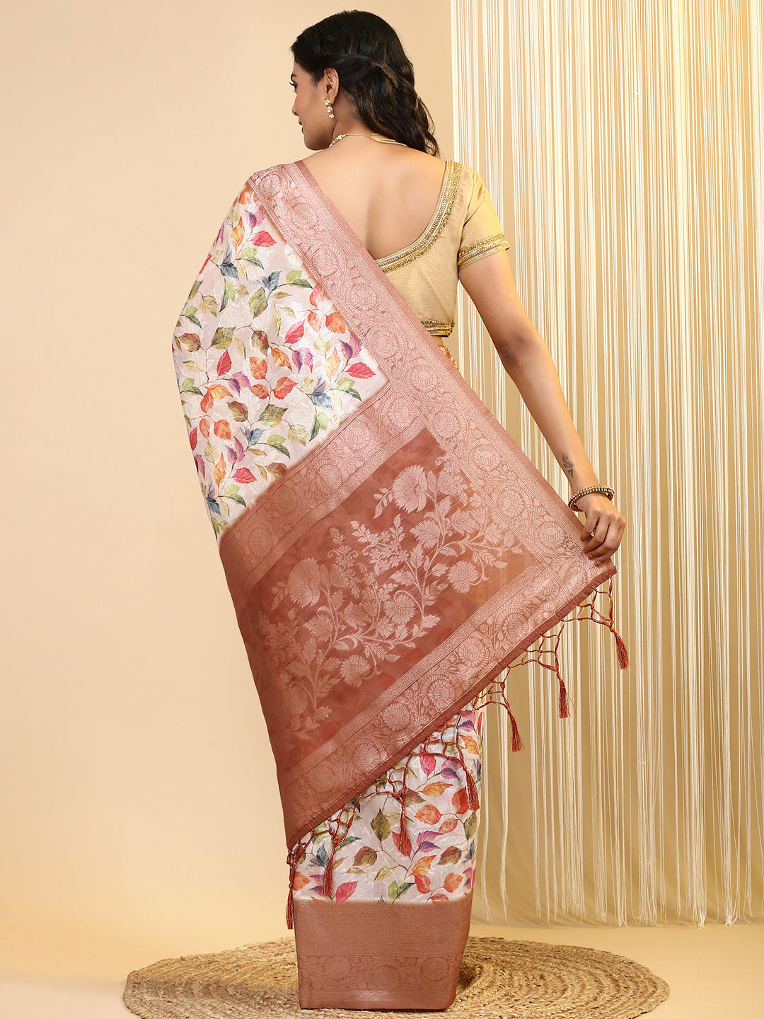 Women Semi Cotton Printed Saree Brown SCS102