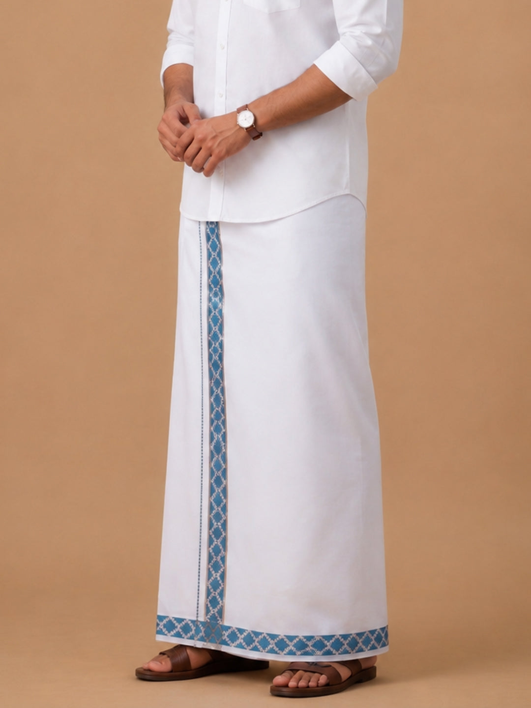 Men Premium Cotton Double Layer White Dhoti with Fancy Jari Border Luxury Elite LC32