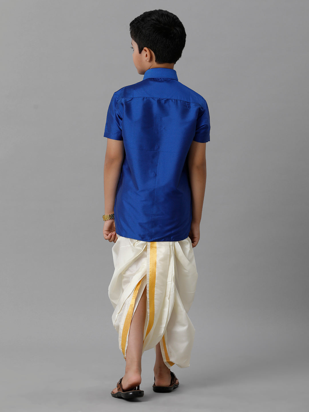 Boys Silk Cotton Royal Blue Half Sleeves Shirt with Soft Silk Panchakacham Combo K5-Back view