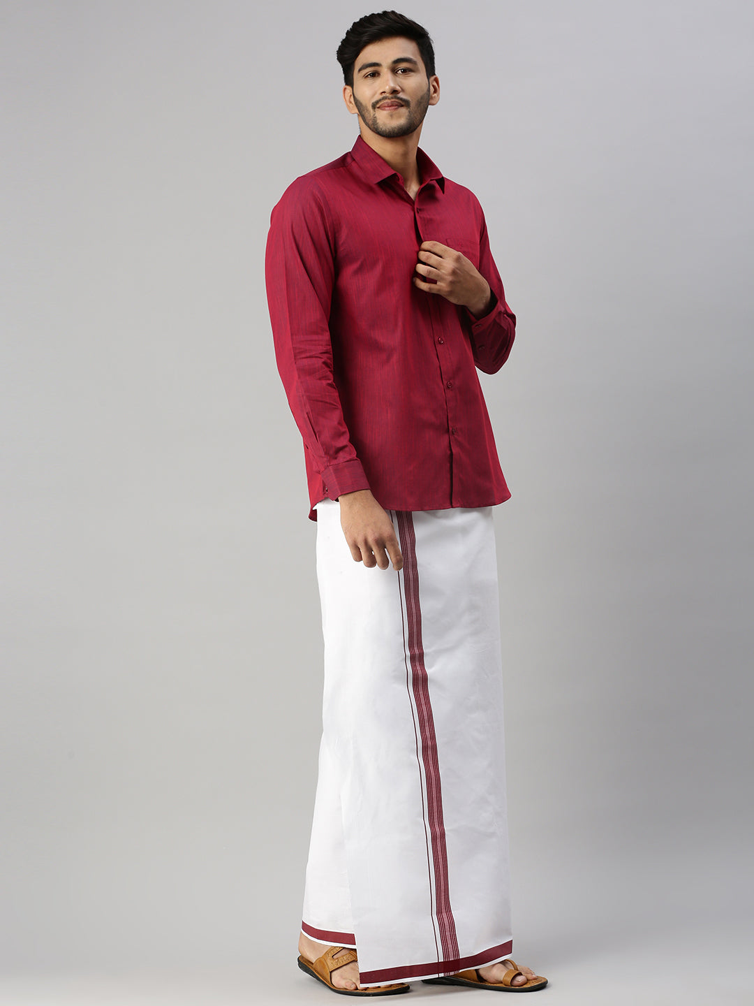 Matching Dhoti Shirt & Semi Linen Saree Couple Combo Purple-Side view
