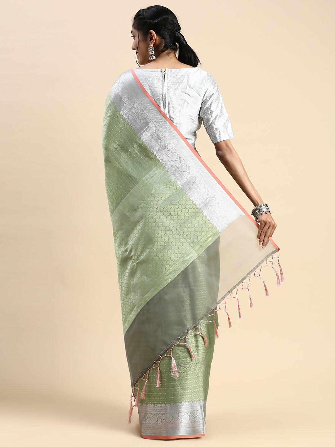 Semi Kora Cotton Allover Design Saree Green with Silver Zari Border SKC03-Back view