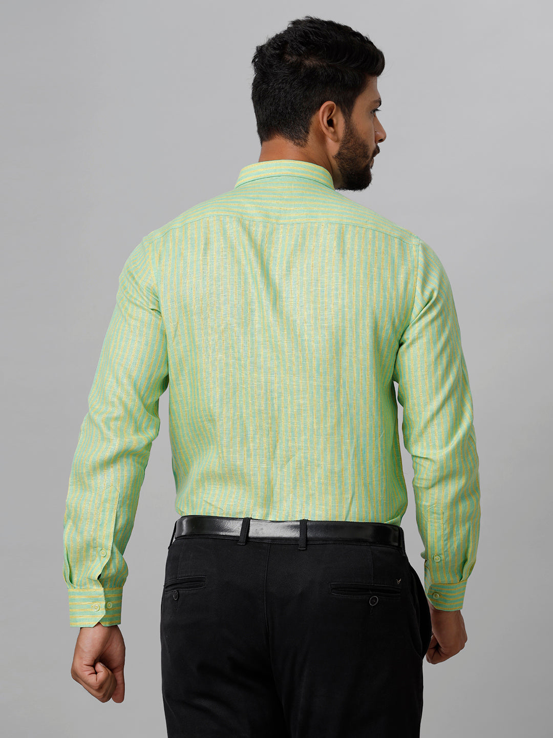 Mens Pure Linen Striped Full Sleeves Green & Yellow Shirt LS6-Back view