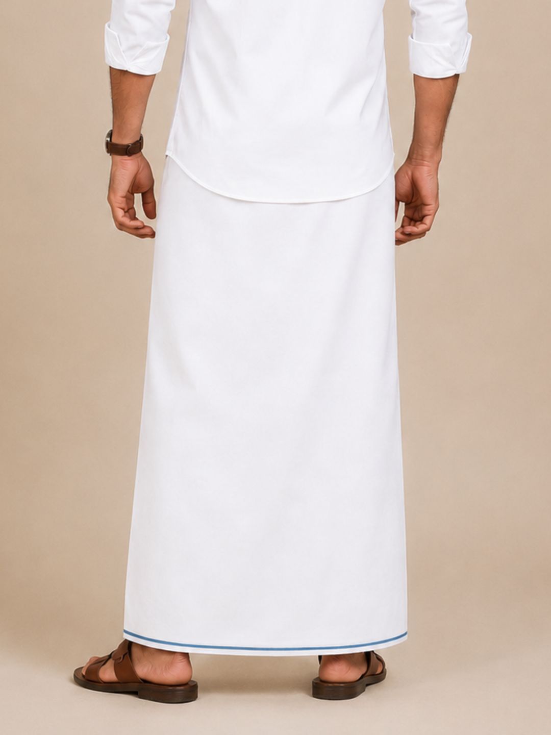 Men 100% Cotton Double Layer White Dhoti with Small Border Wisdom W01
