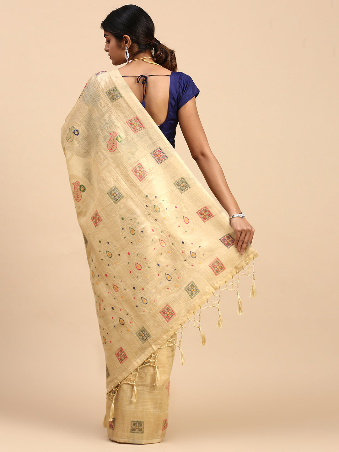 Women Semi Linen Printed Saree Gold SL164