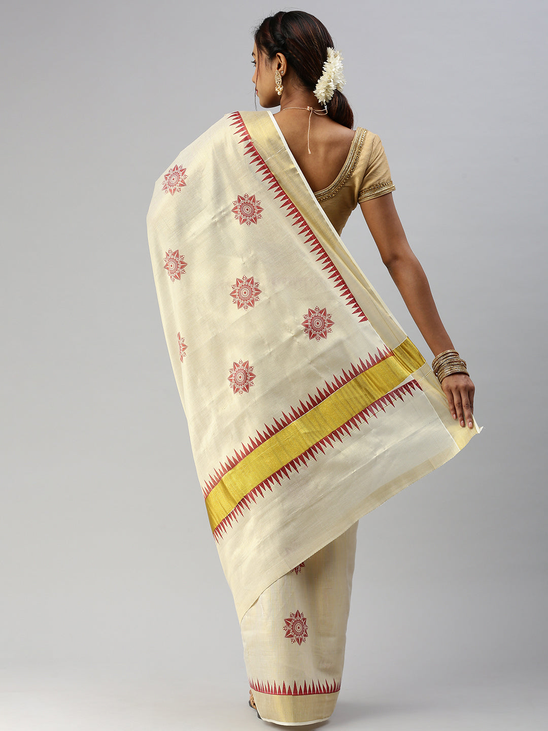 Matching Tissue Jari Dhoti Shirt &  Tissue Jari Saree Couple Combo Gold-Saree back view